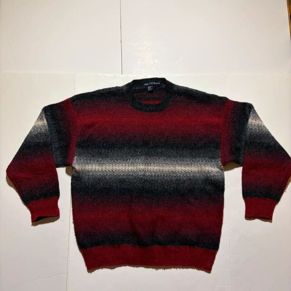90s Nautica Men's Red and White 100% wool Sweater